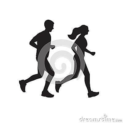 Running man and woman silhouettes. Couple jogging. Marathon race concept. Sport and fitness design template with runners Vector Illustration